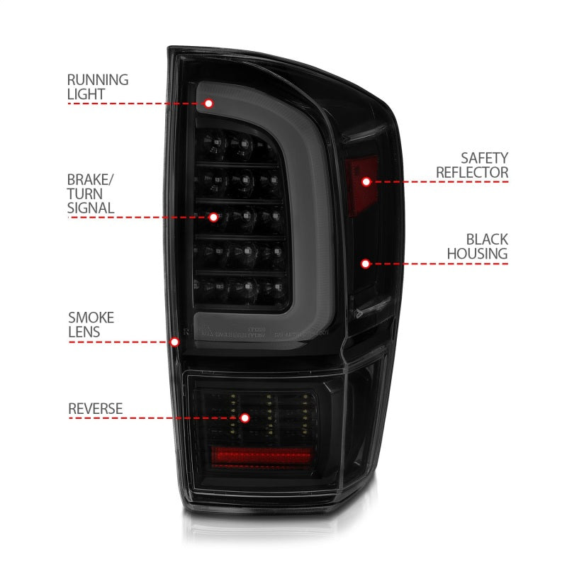 ANZO 16-21 Toyota Tacoma LED Tail Lights - w/ Light Bar Sequential Black Housing &amp; Smoke Lens - 311401
