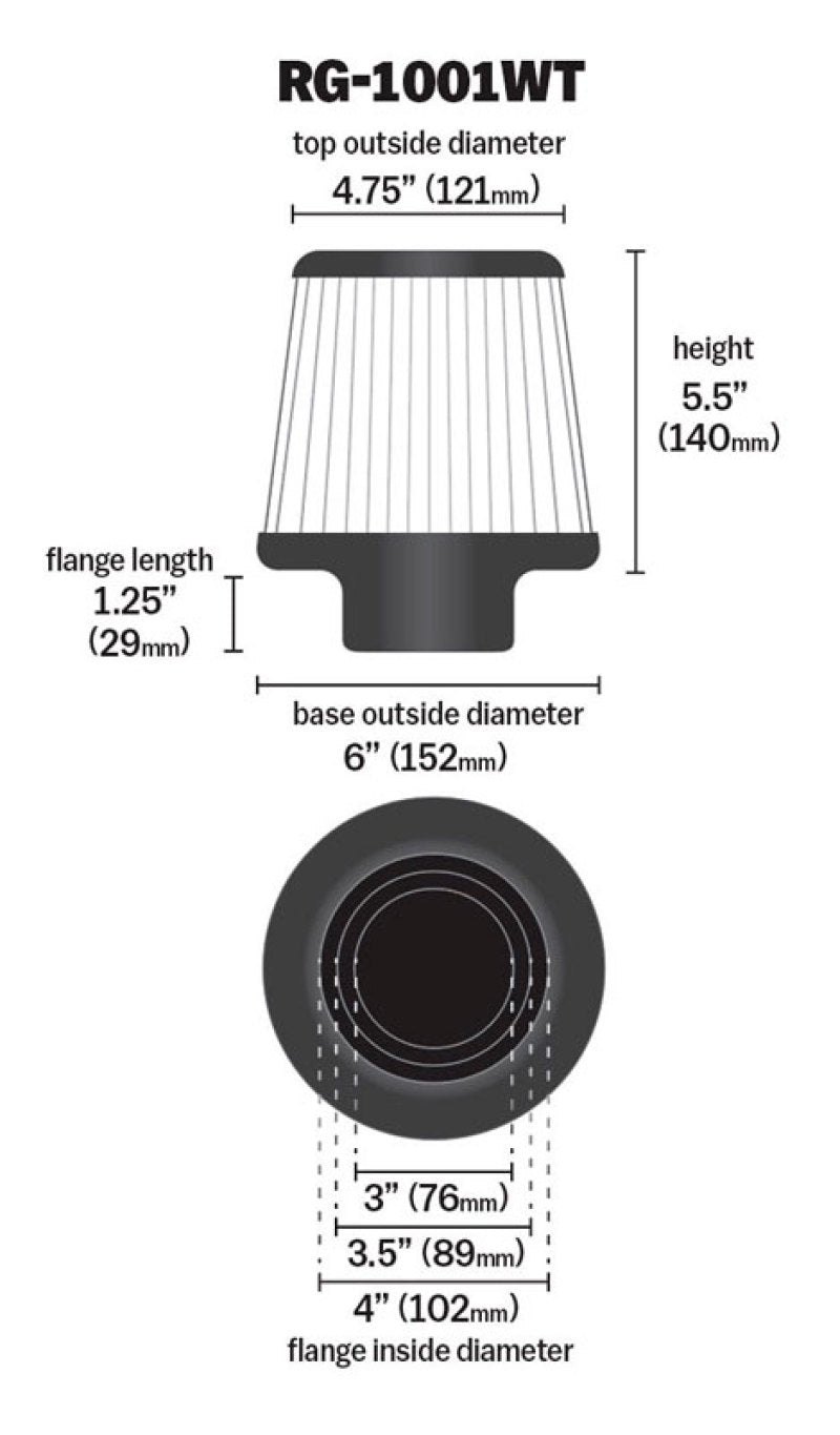 K&N Universal Filter Chrome Round Tapered White - 4in Flange ID x 1.125in Flange Length x 5.5in H - RG-1001WT