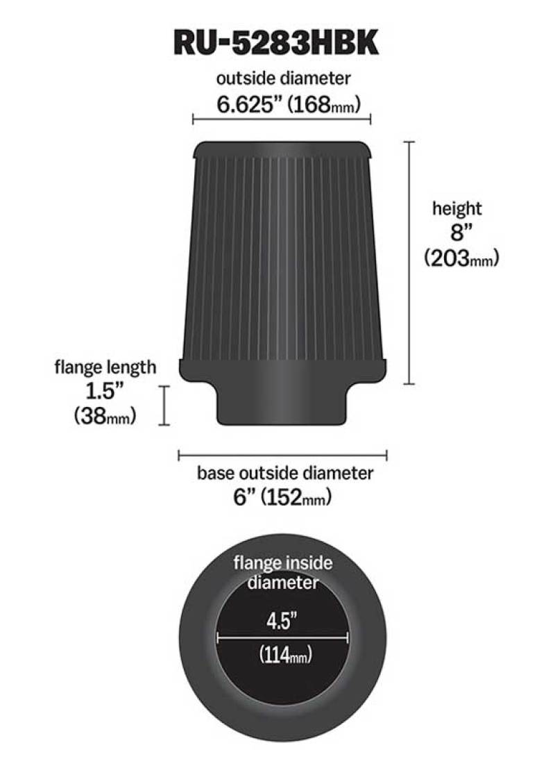 K&N Universal Rubber Filter-Round Tapered 4.5in Flange ID x 8in Base OD x 6.625in Top OD x 8in H - RU-5283HBK