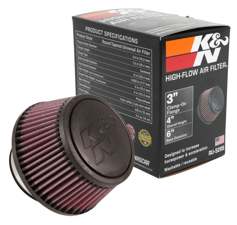 K&N Universal Round Clamp-On Air Filter 3in Flange ID x 6in Base OD x 4.625in Top OD x 3in Height - RU-5288