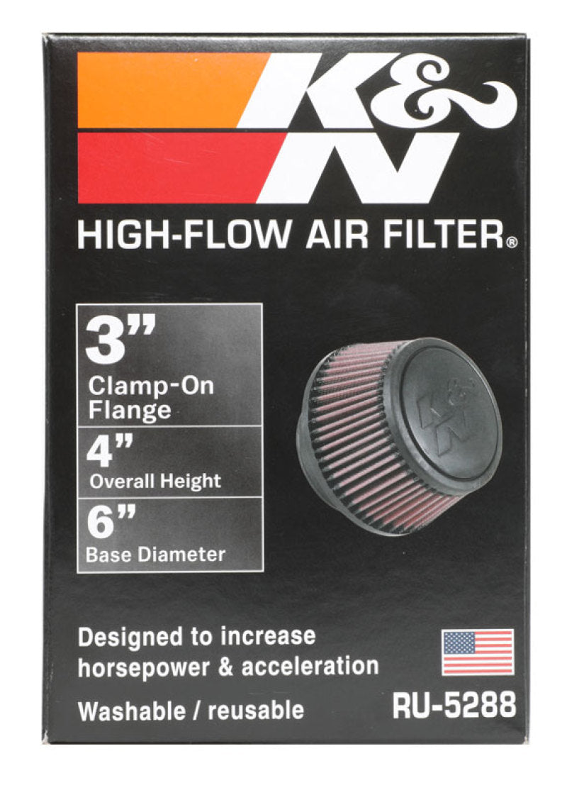 K&N Universal Round Clamp-On Air Filter 3in Flange ID x 6in Base OD x 4.625in Top OD x 3in Height - RU-5288