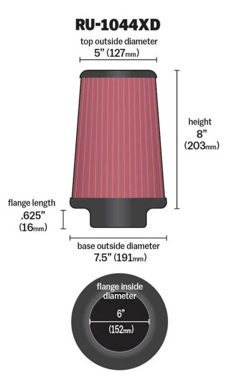 K&amp;N Universal Clamp-On Air Filter 6in FLG / 7-1/2in B / 5in T / 8in H - RU-1044XD