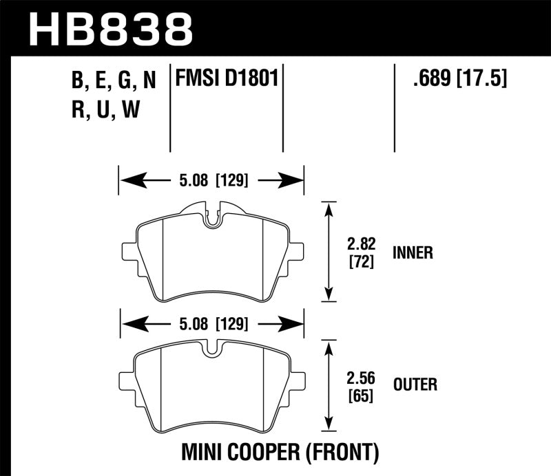Hawk 14-17 Mini Cooper S HPS 5.0 Front Brake Pads - HB838B.689 for 2014-2019 Mini Cooper - detail view