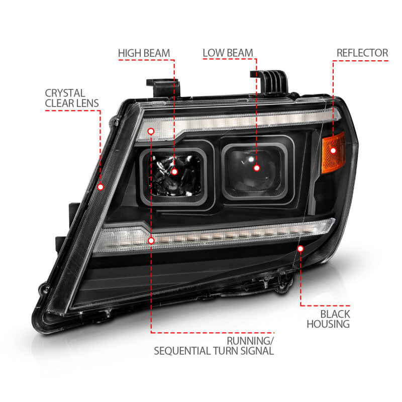 ANZO 09-20 Nissan Frontier Black Projector Plank Style DRL w/ Switchback &amp; Sequential LED DRL