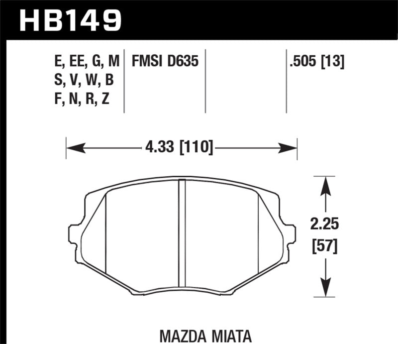Hawk 94-05 Miata / 01-05 Normal Suspension HP+ Street Front Brake Pads (D635) - HB149N.505 for 1994-2005 Mazda Miata - detail