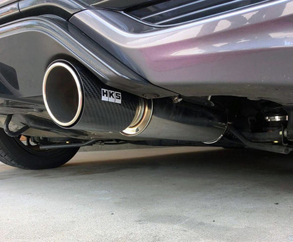 HKS Hi-Power Muffler 2014+ Honda Fit Sport GK5 w/ Carbon Tips - 32016-KH001 by HKS - front view