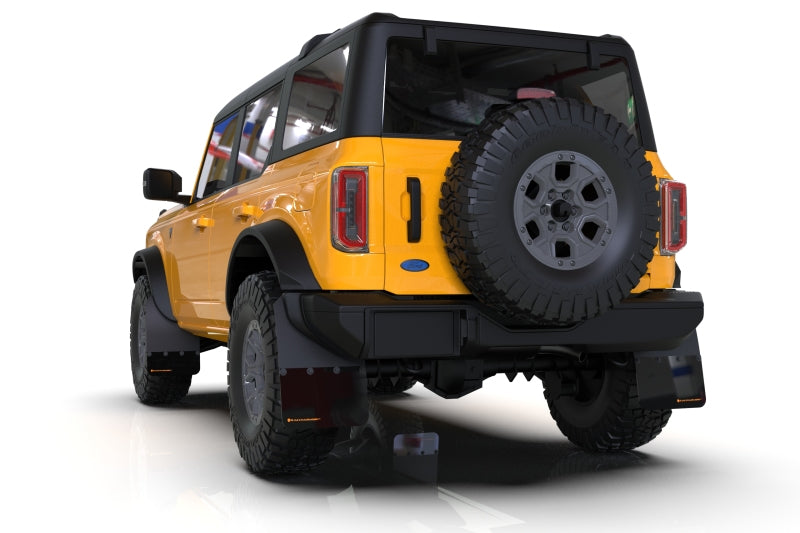 Clearance - Rally Armor 21+ Ford Bronco (Plstc Bmpr - NO Rptr/Sprt - NO RR/RB) Blk Mud Flap w/Met. Blk Logo - RALMF85-NO-PL-MBK