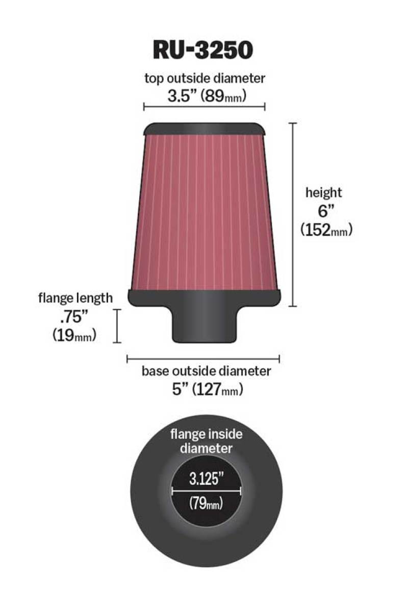 K&N Universal Tapered Filter 3.125in Flange ID x 5in Base OD x 3.5in Top OD x 6in Height - RU-3250 by K&N Engineering - alter