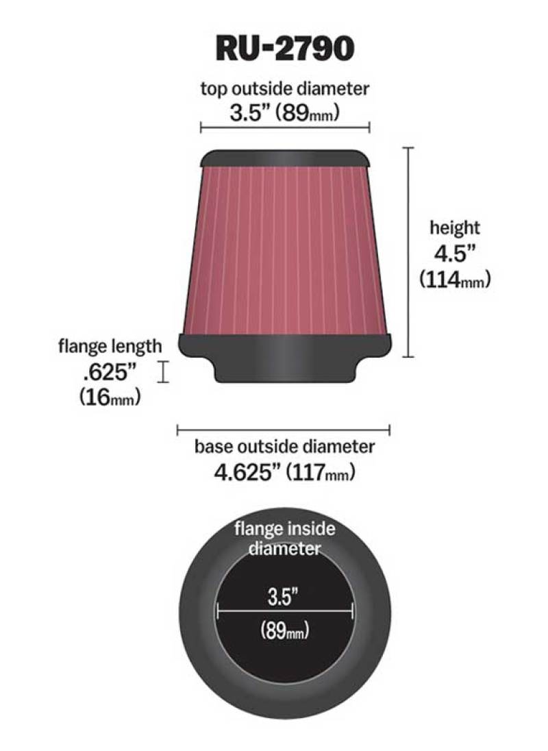 K&amp;N Filter Universal Rubber Filter 3 1/2 inch Flange 4 5/8 inch Base 3 1/2 inch Top 4 1/2 inch Heigh - RU-2790