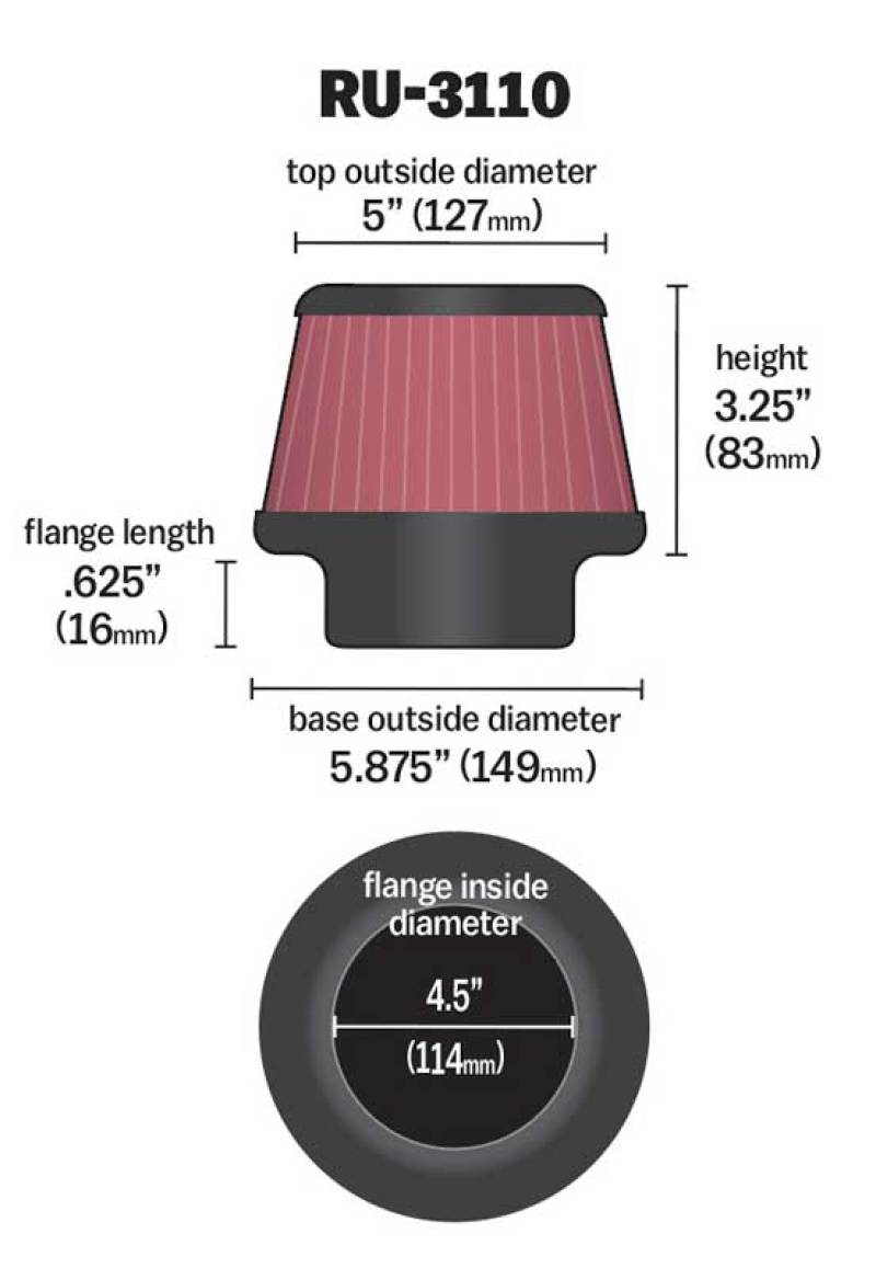 K&N Universal Rubber Filter Round Tapered 4.5in Flange ID x 5.875 Base OD x 5in Top OD x 3.25in H - RU-3110 by K&N Engineerin