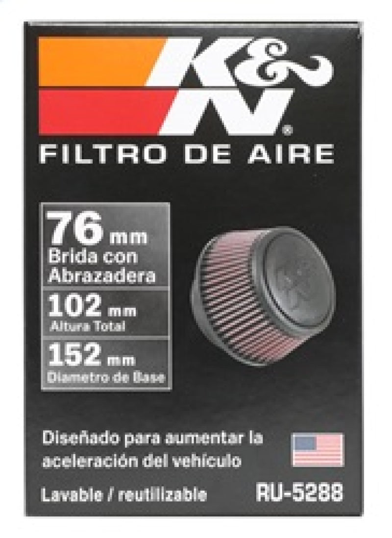 K&N Universal Round Clamp-On Air Filter 3in Flange ID x 6in Base OD x 4.625in Top OD x 3in Height - RU-5288