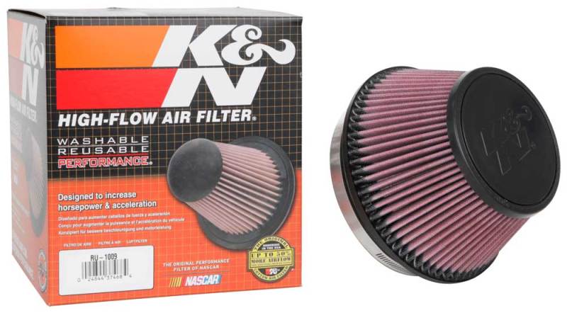 K&N Universal Clamp-On Air Filter 6in FLG / 7-1/2in B / 5-1/8in T / 4in H - RU-1009 for 2013-2016 Cadillac ATS - side view