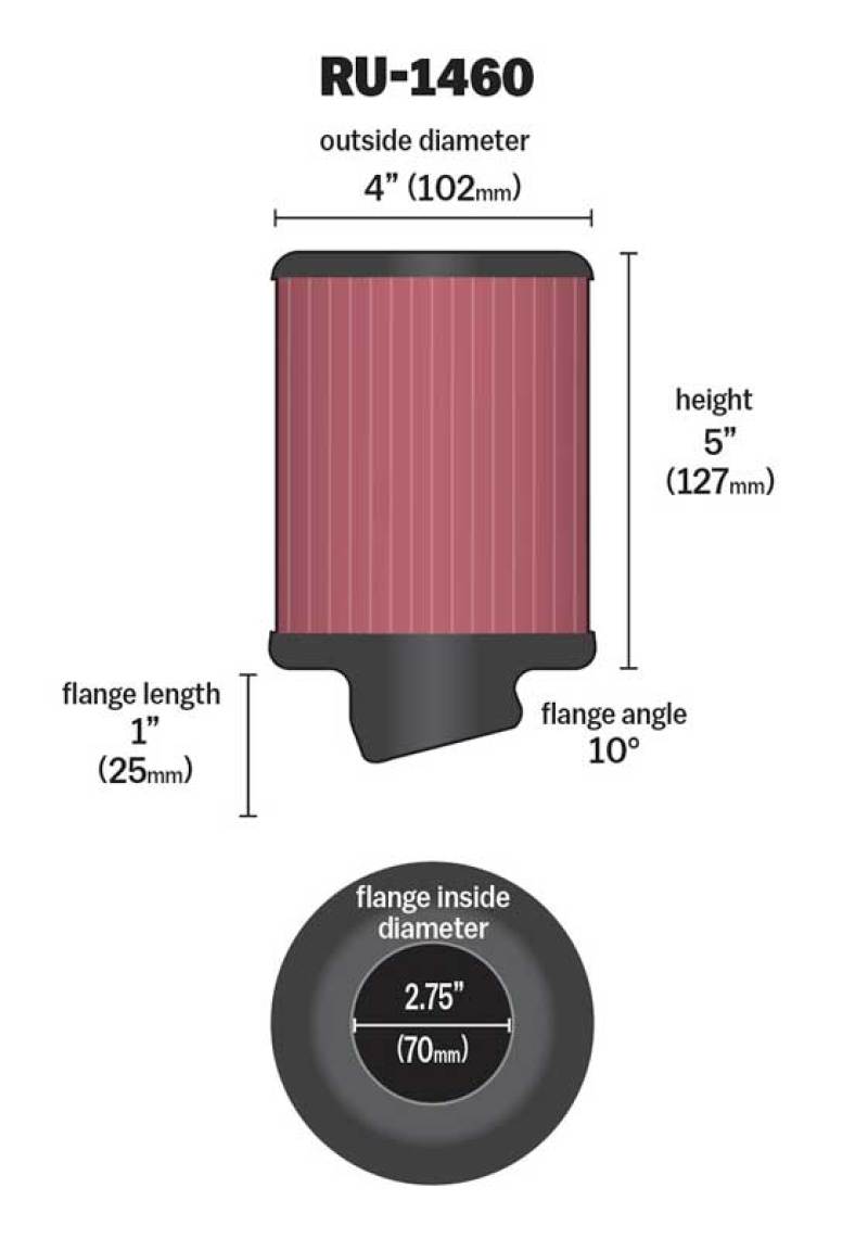 K&N Filter Universal Rubber Filter 2 3/4 inch 10 Degree Flange 4 inch OD 5 inch Height - RU-1460