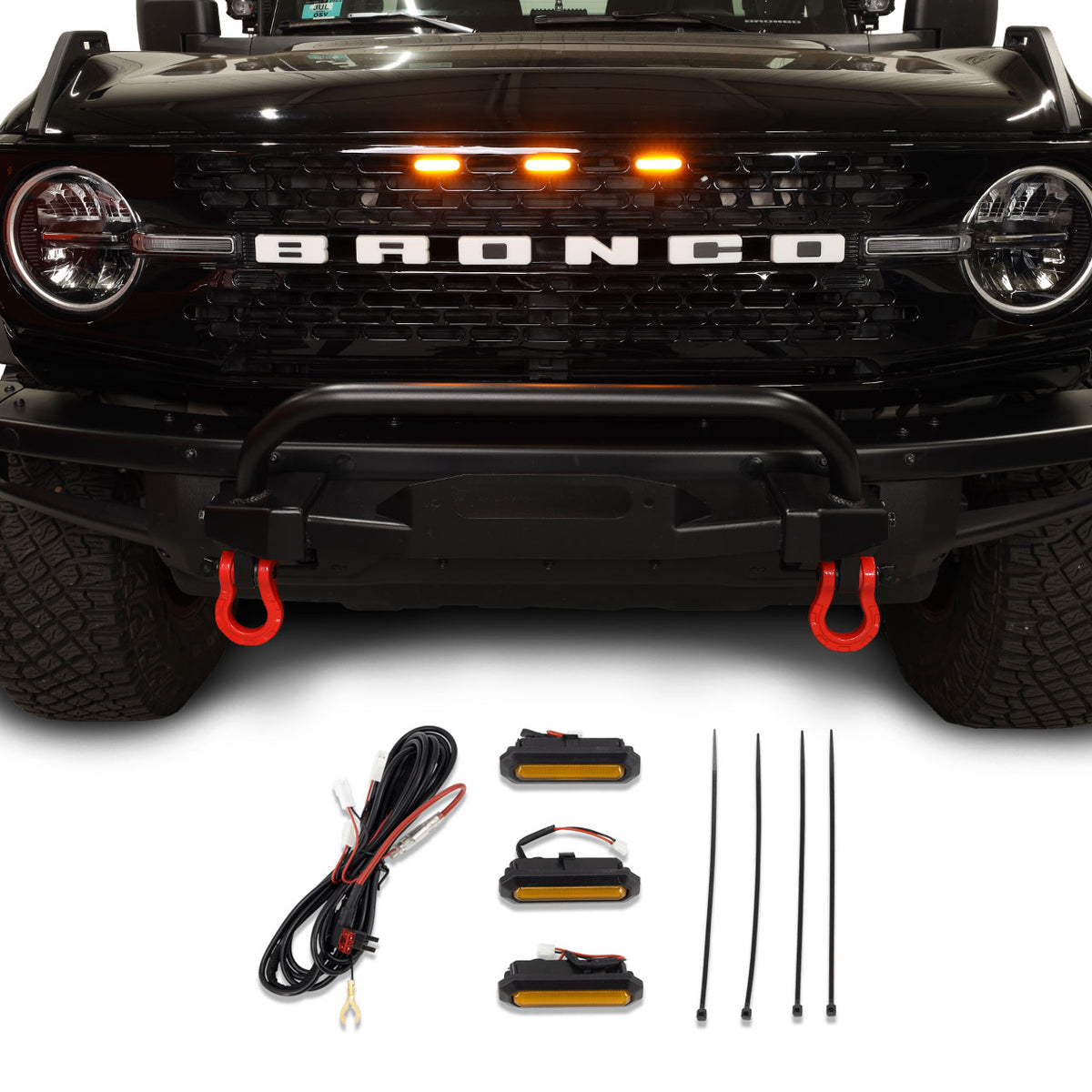 IAG I-Line 3pc Amber Grille Light Kit for High End Grill (Badlands, Wildtrak, First Edition) for 2021+ Ford Bronco