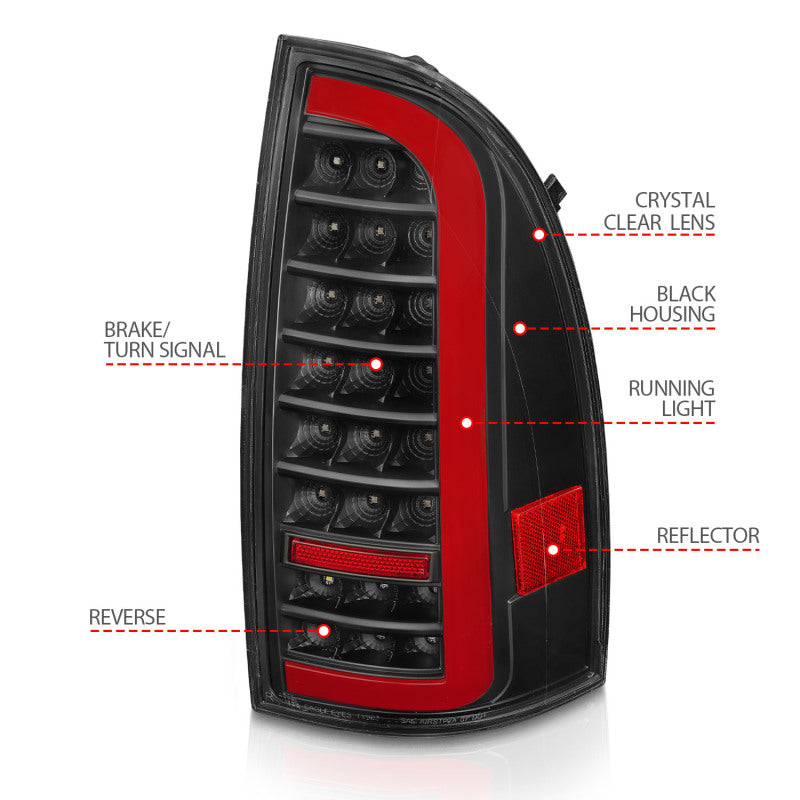 ANZO 05-15 Toyota Tacoma Full LED Tail Lights w/Light Bar Sequential Black Housing Clear Lens - 311427