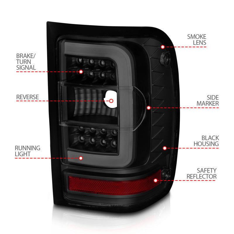 ANZO 01-11 Ford Ranger LED Taillights - Black Housing w/ Smoke Lens &amp; Light Bar - 311391