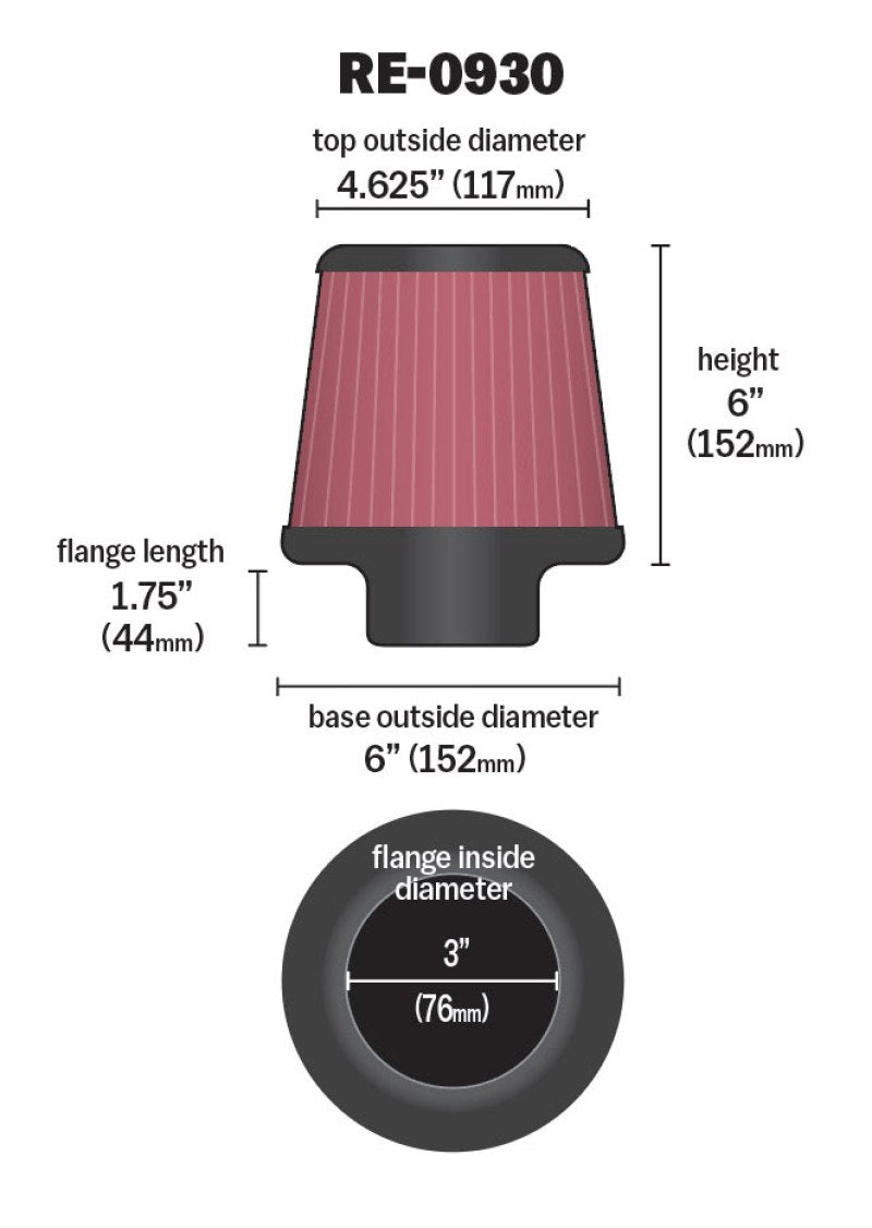 K&amp;N Universal Rubber Filter - Round Tapered 6in Base OD x 3in Flange ID x 6in H - RE-0930