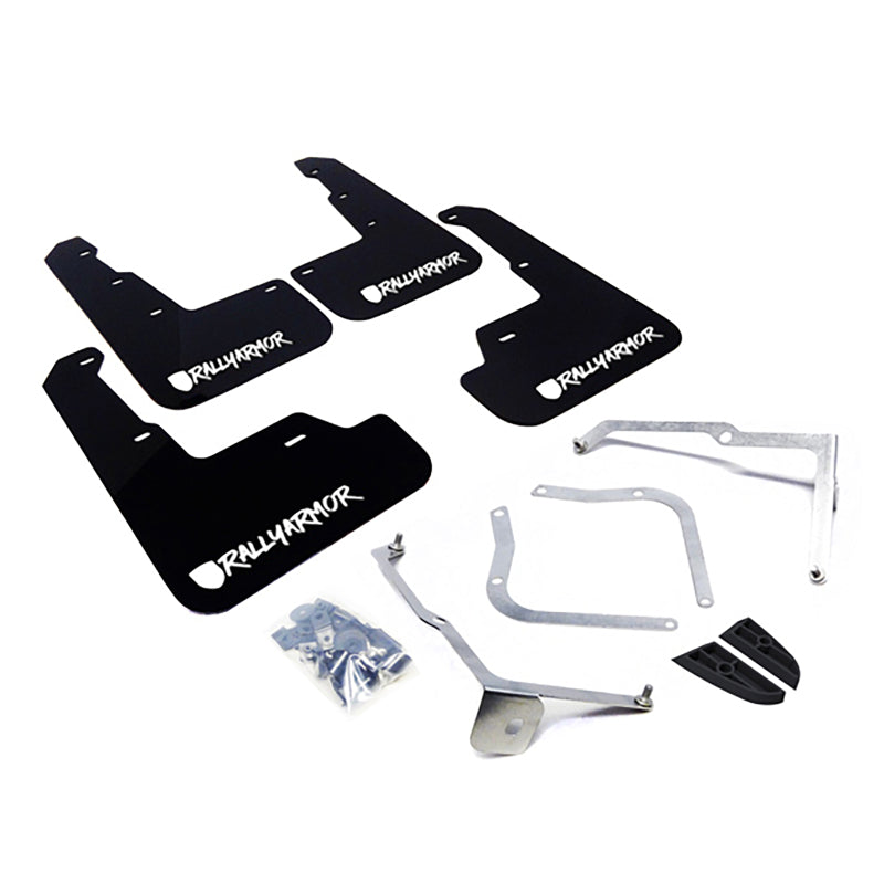 Rally Armor 15-21 Subaru WRX &amp;amp; STI Black Mud Flap White Altered Font Logo - MF32-UR-BLK/WH-X