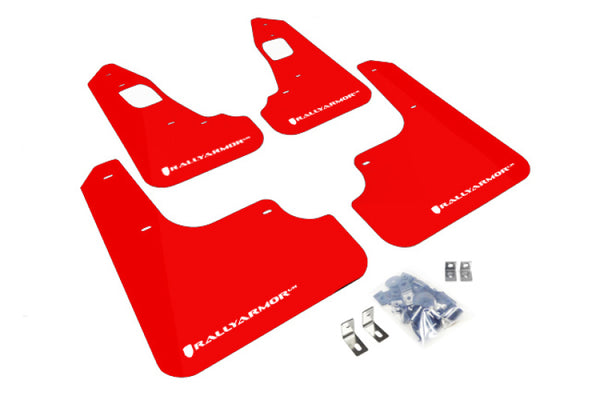 Rally Armor 08-17 Mitsubishi EVO X Red UR Mud Flap w/ White Logo - MF10-UR-RD/WH for 2008-2017 Mitsubishi Lancer - front view