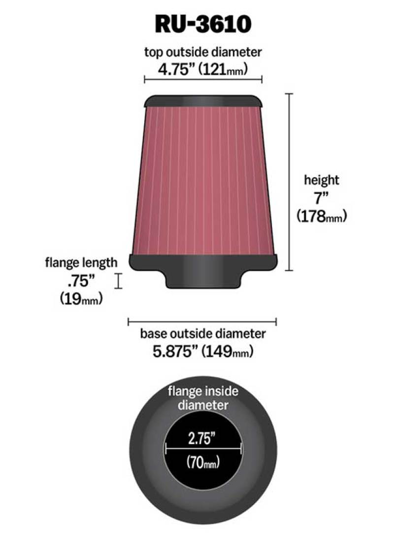 K&amp;N Universal Rubber Filter 2.75in Flange ID x 5.875in Base OD x 4.75in Top OD x 7in Height - RU-3610