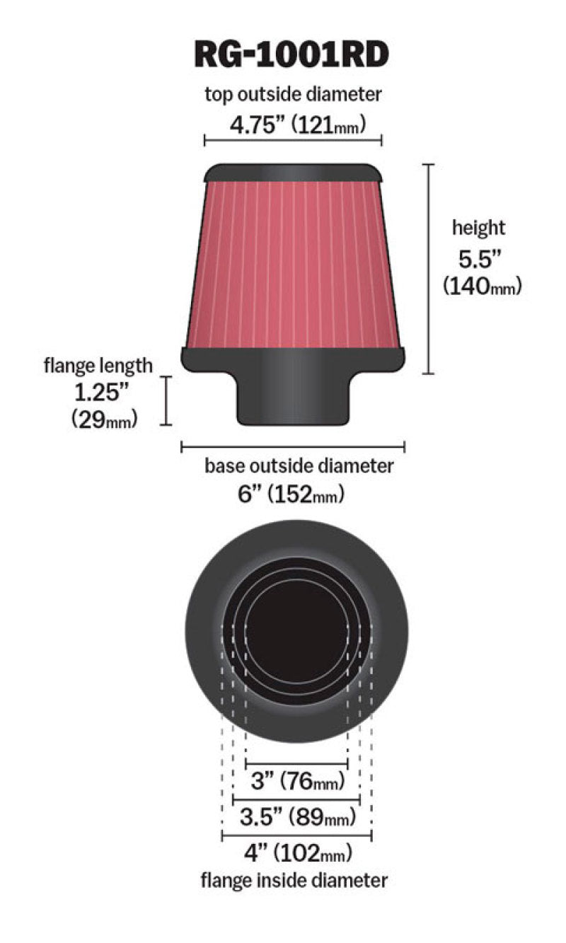 K&N Universal Air Filter Chrome Round Tapered Red - 4in Flange ID x 1.125in Flange Length x 5.5in H - RG-1001RD