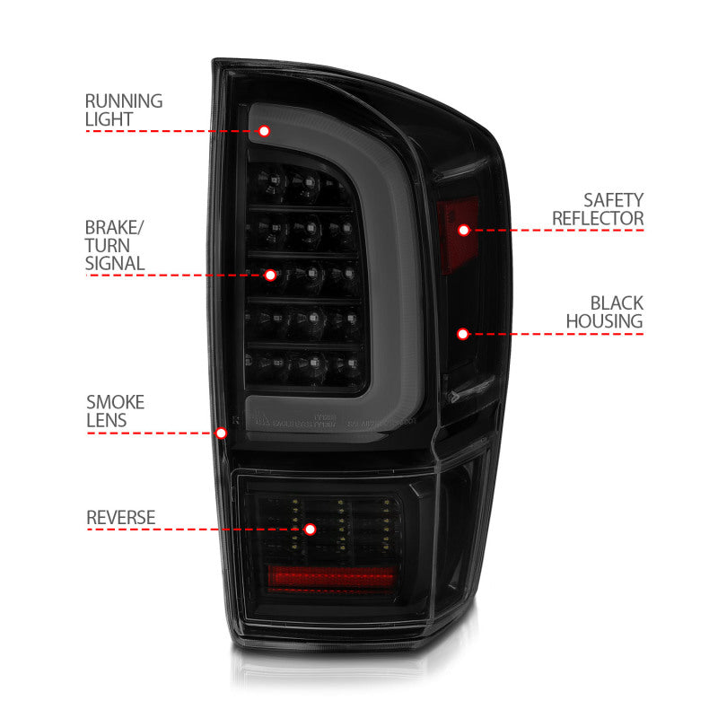 ANZO 16-21 Toyota Tacoma LED Tail Lights - w/ Light Bar Sequential Black Housing &amp; Smoke Lens - 311401
