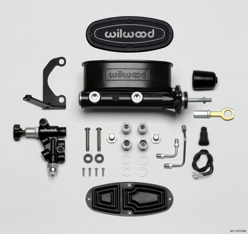 Wilwood HV Tandem M/C Kit w L/H Bracket &amp; Prop Valve - 7/8in Bore Black-W/Push. - Early Mustang - 261-13272-BK