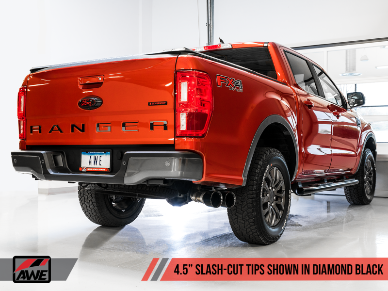 AWE Tuning 2019+ Ford Ranger 0FG Performance Exhaust System w/Diamond Black Tips &amp; Rock Guard