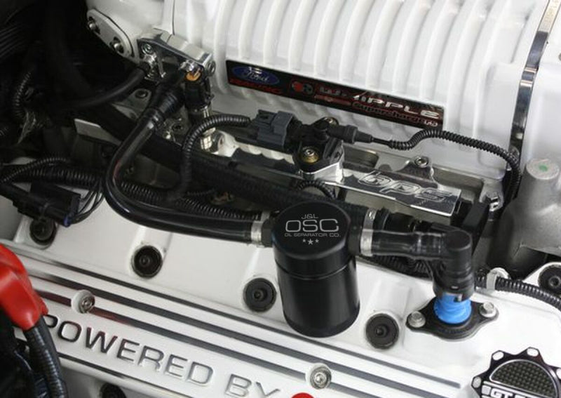 J&amp;L 07-14 Ford Mustang GT500 Passenger Side Oil Separator 3.0 - Black Anodized