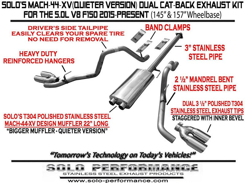 F-150 2015-Present Solo Performance Mach-44-XV Dual CAT Back Exhaust System Ford F150 V8 145&quot; Wheelbase 