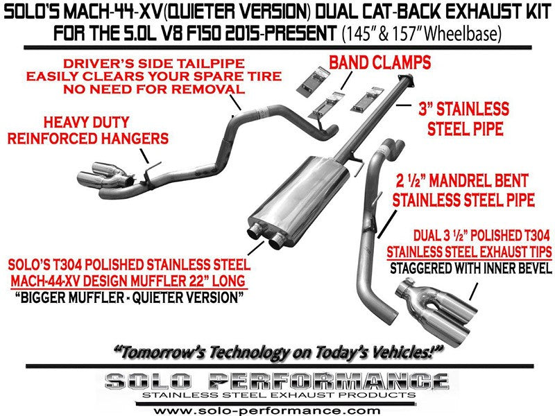 F-150 2015-Present Solo Performance Mach-44-XV Dual CAT Back Exhaust System Ford F150 V8 157&quot; Wheelbase  