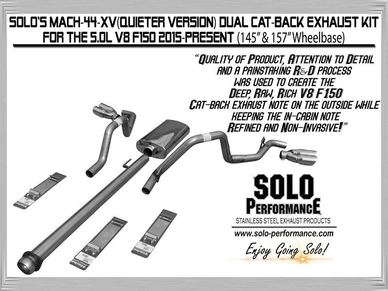 F-150 2015-Present Solo Performance Mach-44-XV Dual CAT Back Exhaust System Ford F150 V8 145&quot; Wheelbase 