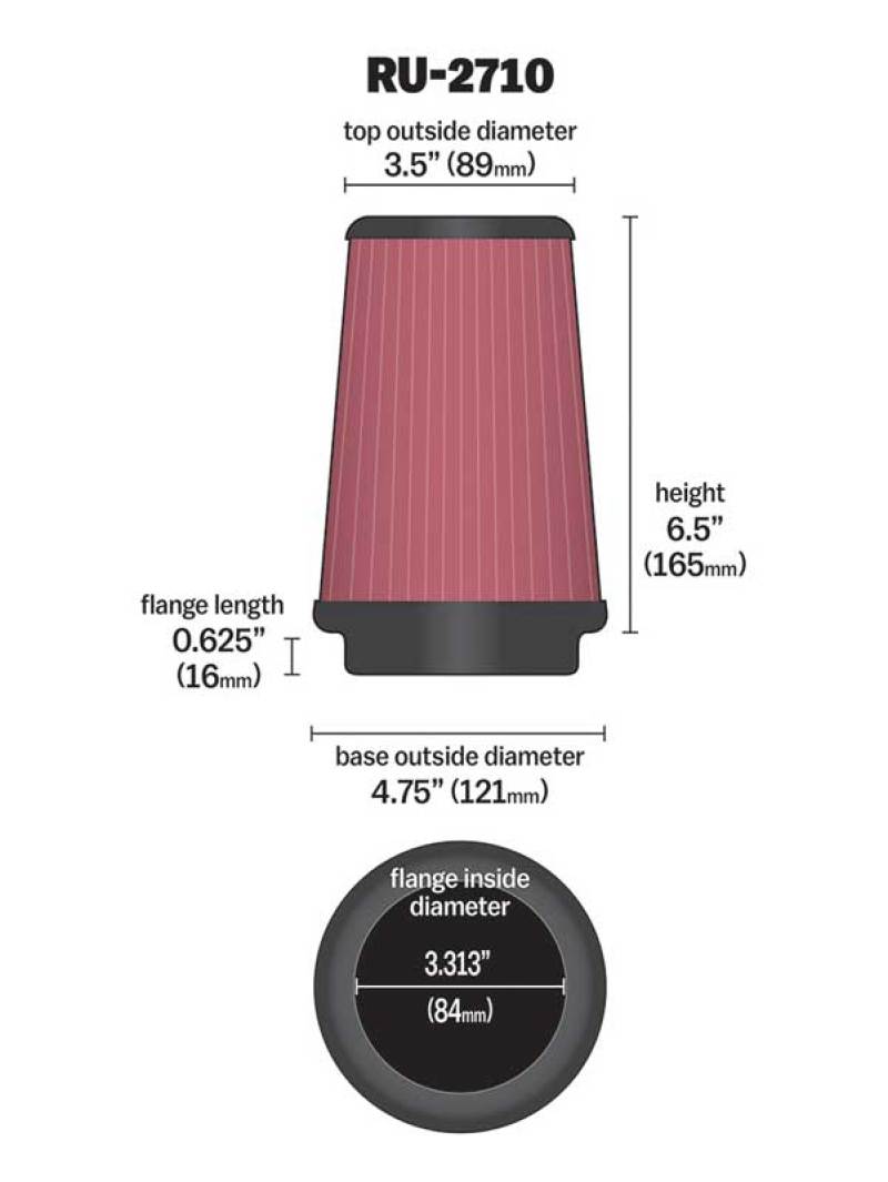 K&amp;N Universal Rubber Filter Round Tprd 3.313in Flange ID x 4.75in Base OD x 3.5in Top OD x 6.5in H - RU-2710