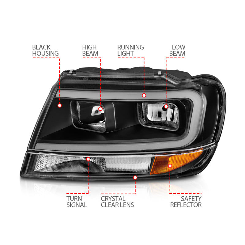 ANZO 99-04 Jeep Grand Cherokee Crystal Headlights - w/ Light Bar Black Housing - 111537