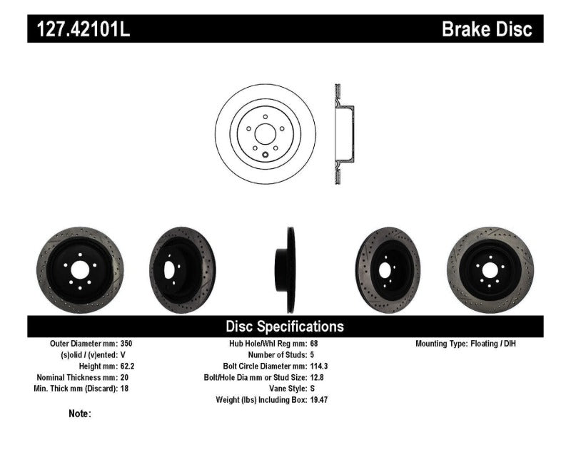 StopTech Infiniti G37 / Nissan 370Z SportStop Slotted &amp; Drilled Rear Left Rotor