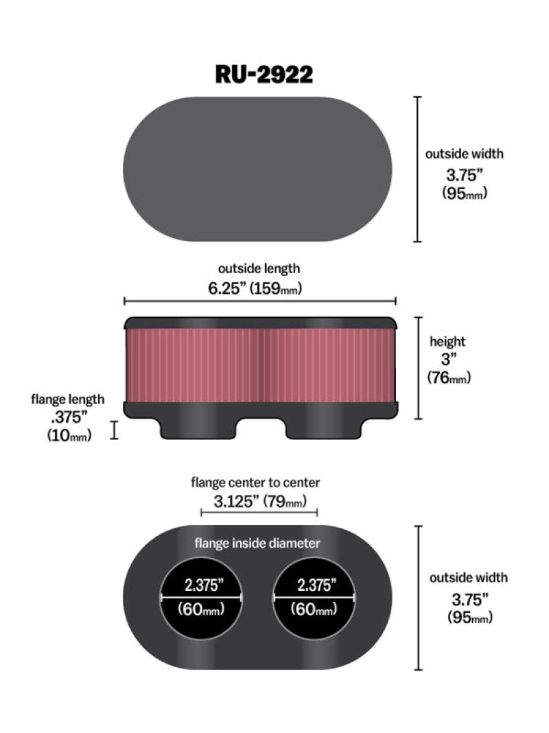 K&N Filter Universal Filter 2 3/4 inch Dual Flange GSXR Oval (2/Box) - RU-2922 for 1990-2003 Suzuki GSX600F Katana - front vi