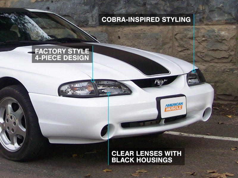 Raxiom 94-98 Mustang Axial Series Cobra Style Headlights- Black Housing (Clear Lens) - 49050