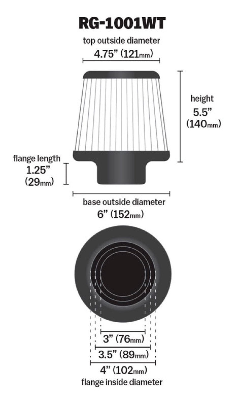 K&N Universal Filter Chrome Round Tapered White - 4in Flange ID x 1.125in Flange Length x 5.5in H - RG-1001WT