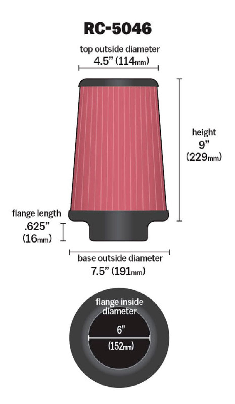 K&amp;N Universal Chrome Filter 6 inch FLG / 7.5 inch Base / 4.5 inch Top / 9 inch Height - RC-5046