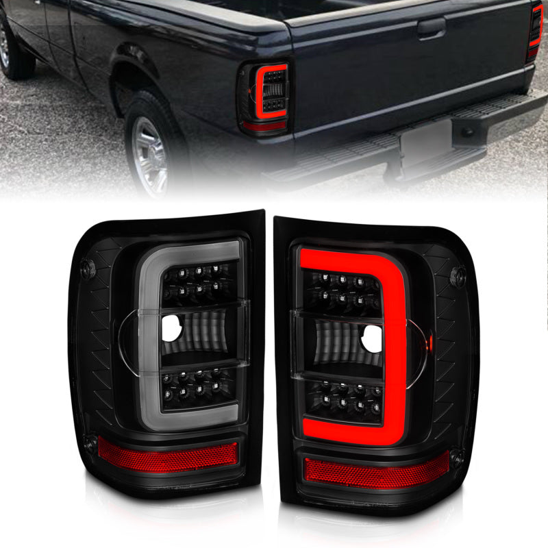ANZO 01-11 Ford Ranger LED Taillights - Black Housing w/ Smoke Lens &amp; Light Bar - 311391