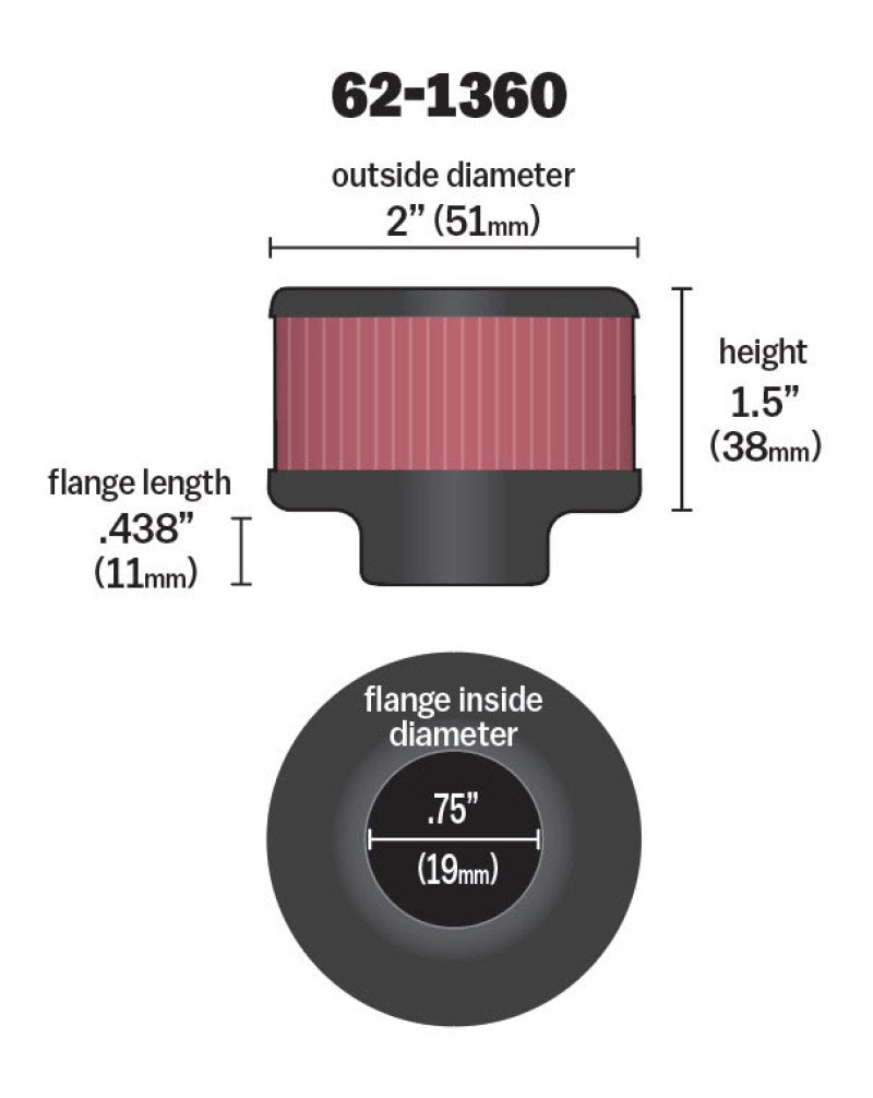 K&N 3/4 inch ID 2 inch OD 1.5 inch H Clamp On Crankcase Vent Filter - 62-1360 by K&N Engineering - angle view