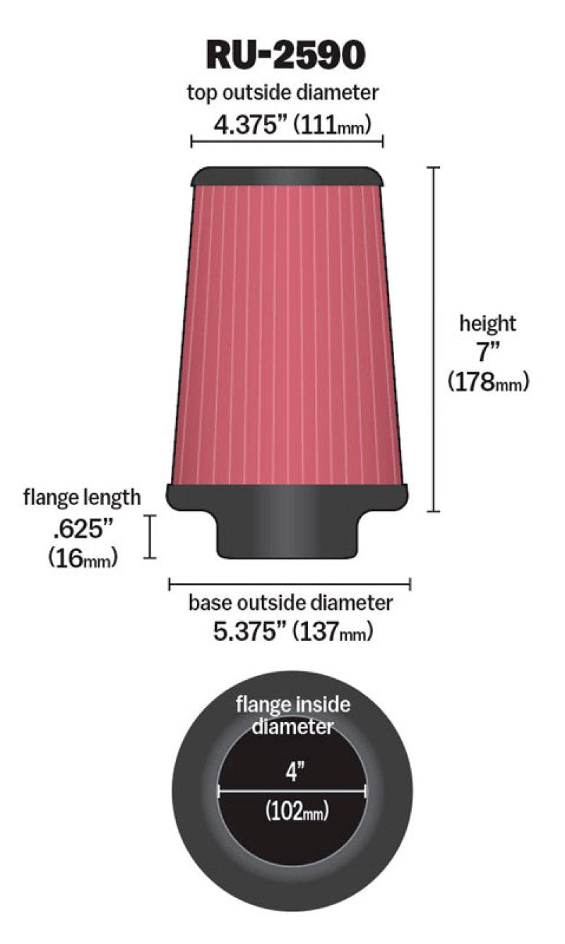 K&amp;N Filter Universal Rubber Filter 4 inch Flange 5 3/8 inch Base 4 3/8 inch Top 7 inch Height - RU-2590