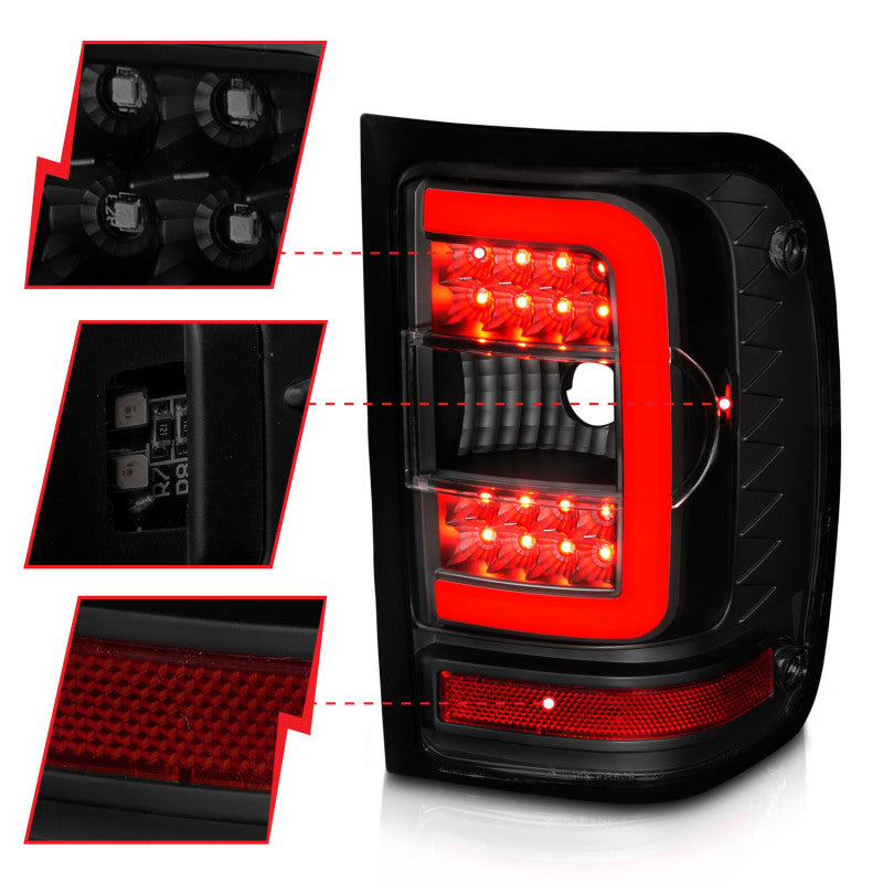 ANZO 01-11 Ford Ranger LED Taillights - Black Housing w/ Smoke Lens &amp; Light Bar - 311391