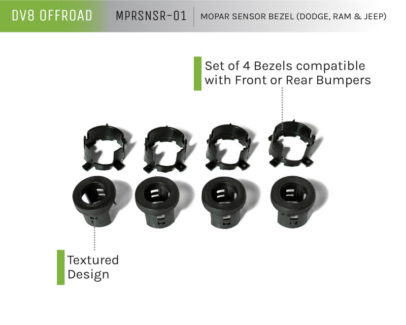 DV8 Offroad Jeep/Dodge/RAM Front Bezel &amp; Rear Clip Replacement Kit for MOPAR Sensors - Set of 4 - MPRSNSR-01