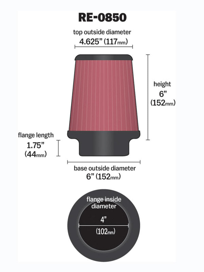 K&amp;N Universal Air Filter (4in. Flange / 6in. Base OD / 4-5/8in. Top OD / 6in. Height) - RE-0850