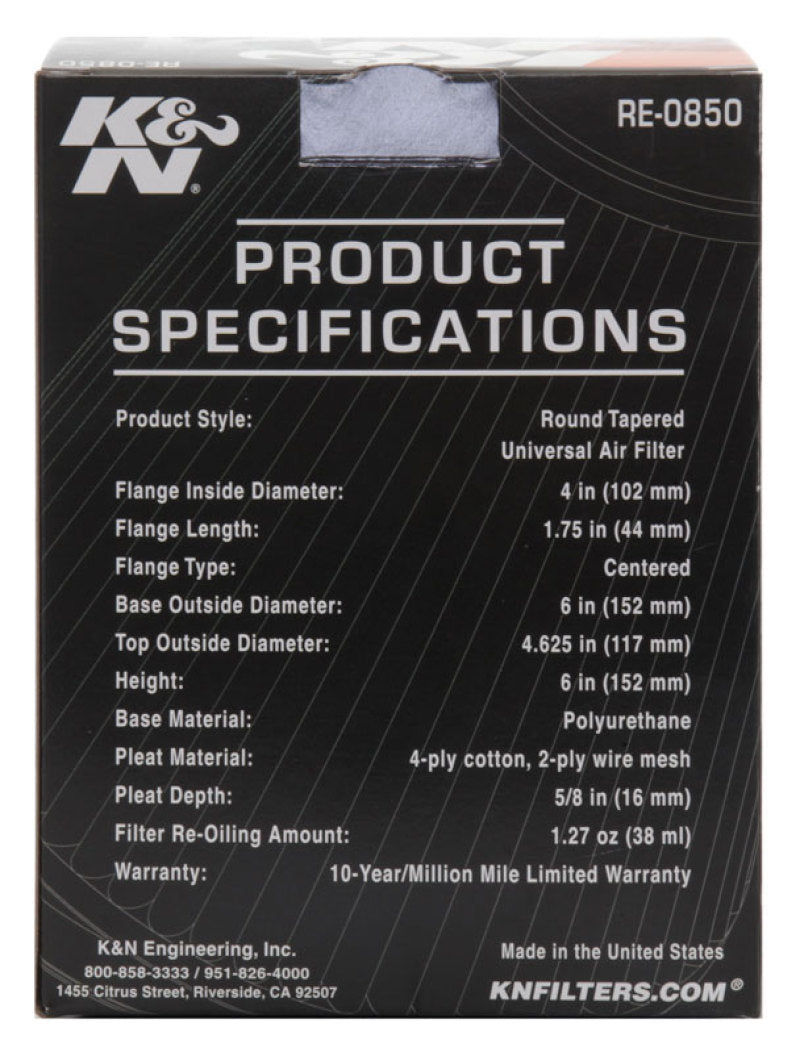 K&amp;N Universal Air Filter (4in. Flange / 6in. Base OD / 4-5/8in. Top OD / 6in. Height) - RE-0850