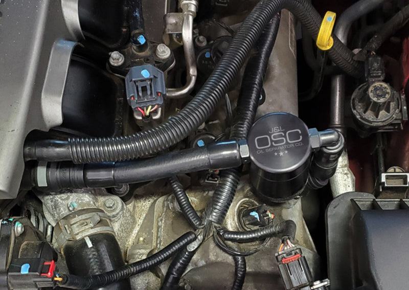 J&amp;L 05-10 Ford Mustang GT Driver Side Oil Separator 3.0 V2 - Black Anodized