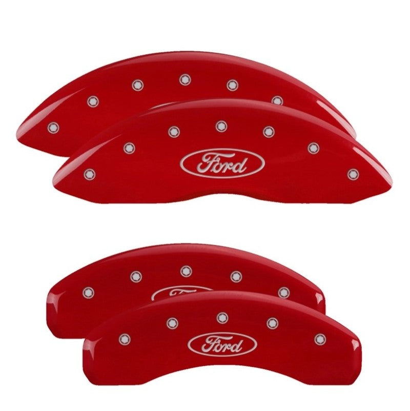 MGP 4 Caliper Covers Engraved Front &amp; Rear Ford Oval Logo Red Finish Silver Char 2021 Ford F-150