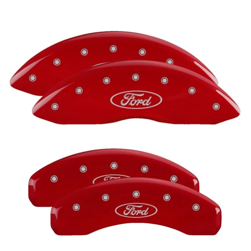 MGP 4 Caliper Covers Engraved Front &amp; Rear Ford Oval Logo Red Finish Silver Char 2021 Ford F-150 - 10256SFRDRD