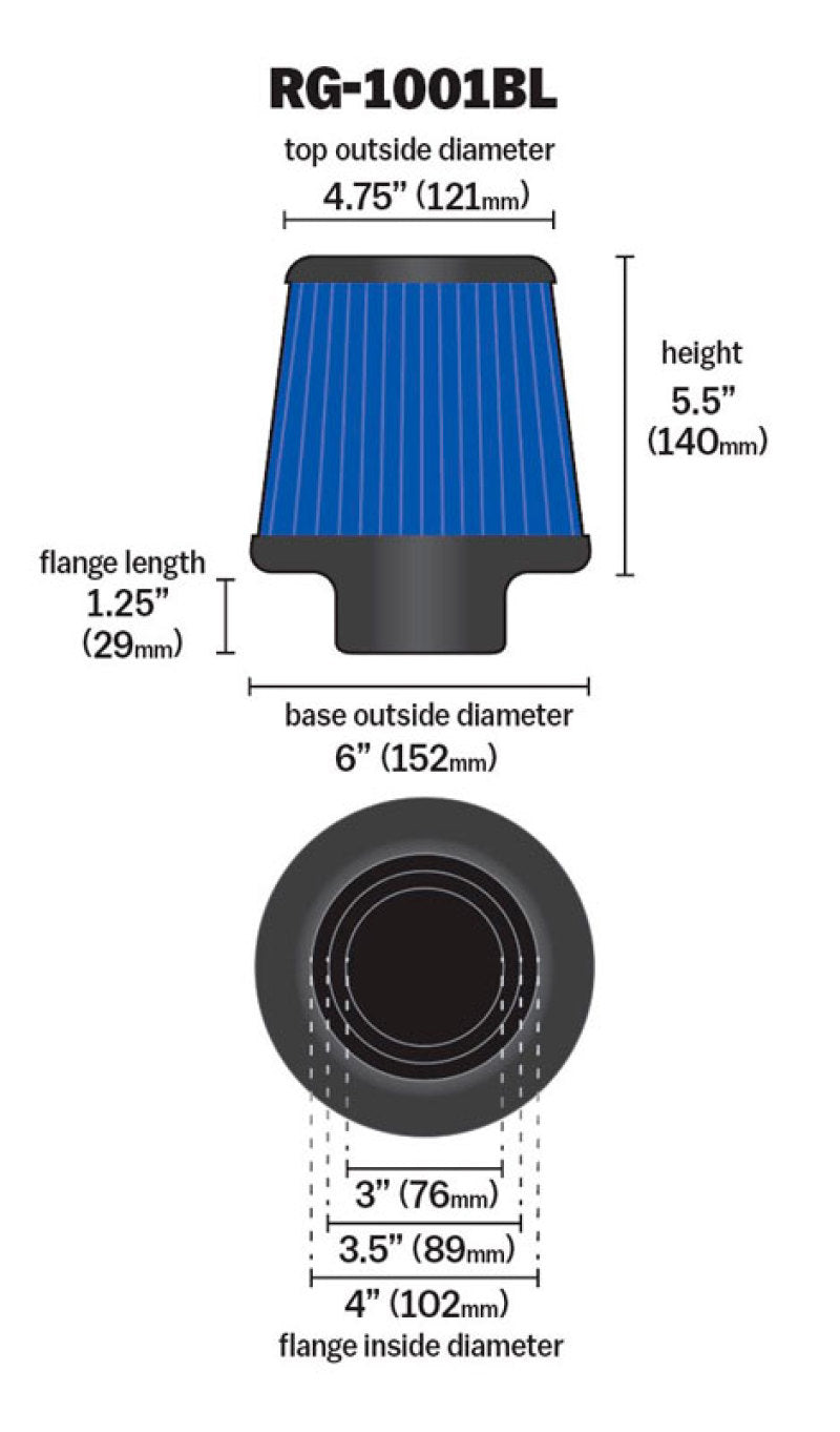 K&N Universal Air Filter Chrome Round Tapered Blue - 4in Flange ID x 1.125in Flange Length x 5.5in H - RG-1001BL